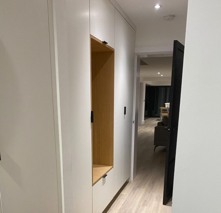 Narrow hallway with a built-in wardrobe and an open doorway leading to a living area.